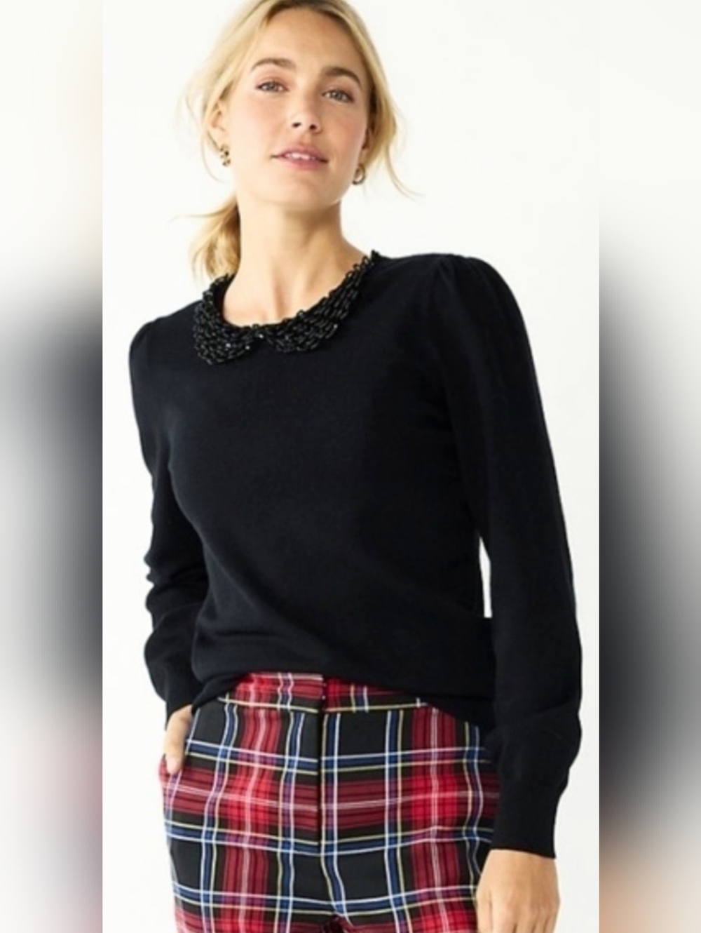 Draper James RSVP Black Beaded-Collar Crewneck Sweater Small NWOT